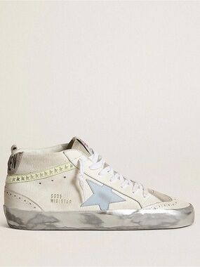 Golden Goose White Mid Star Sneaker with Light Blue Star and Pale Yellow Trim